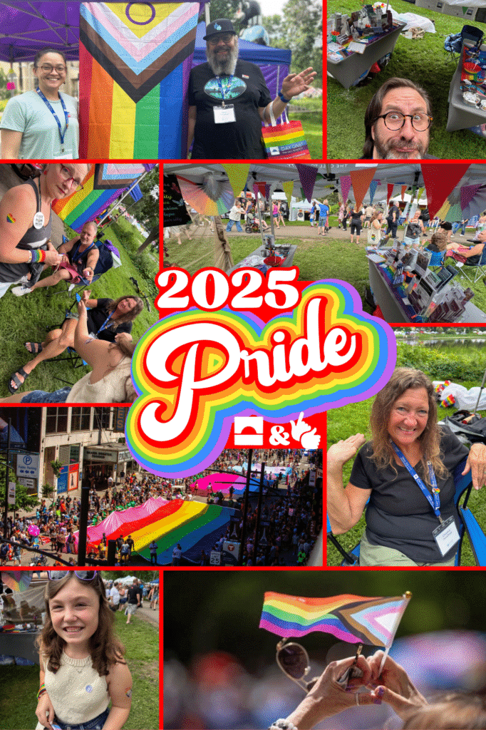 Image Description: A vibrant collage celebrating Pride 2025, featuring photos from a community event. The center of the image displays bold, rainbow-outlined text that reads “2025 Pride” with the DayOne Cornerstone Logo and the ThinkSelf logo. Surrounding the text are colorful snapshots of smiling attendees, booths, and rainbow flags.