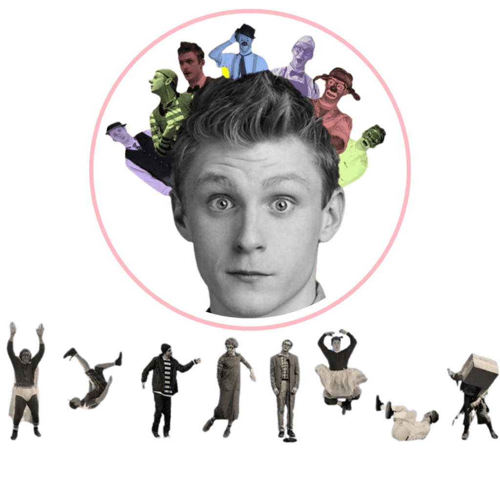 An image of a young man's face in black and white, surrounded by various colorful characters above his head, each with a unique expression and style. Below the face, there are multiple figures in dynamic poses, suggesting movement or performance.