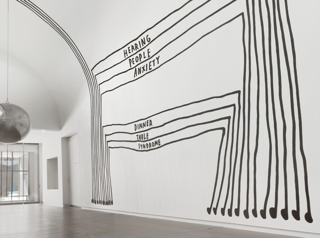 The image shows a modern gallery space with a large wall mural featuring black line art on a white background. The lines form abstract figures, including what appears to be a hand with fingers extending downwards. Each section between the lines is labeled with text, such as "Hearing People Anxiety" and "Dinner Table Syndrome," suggesting themes related to communication and social interactions.