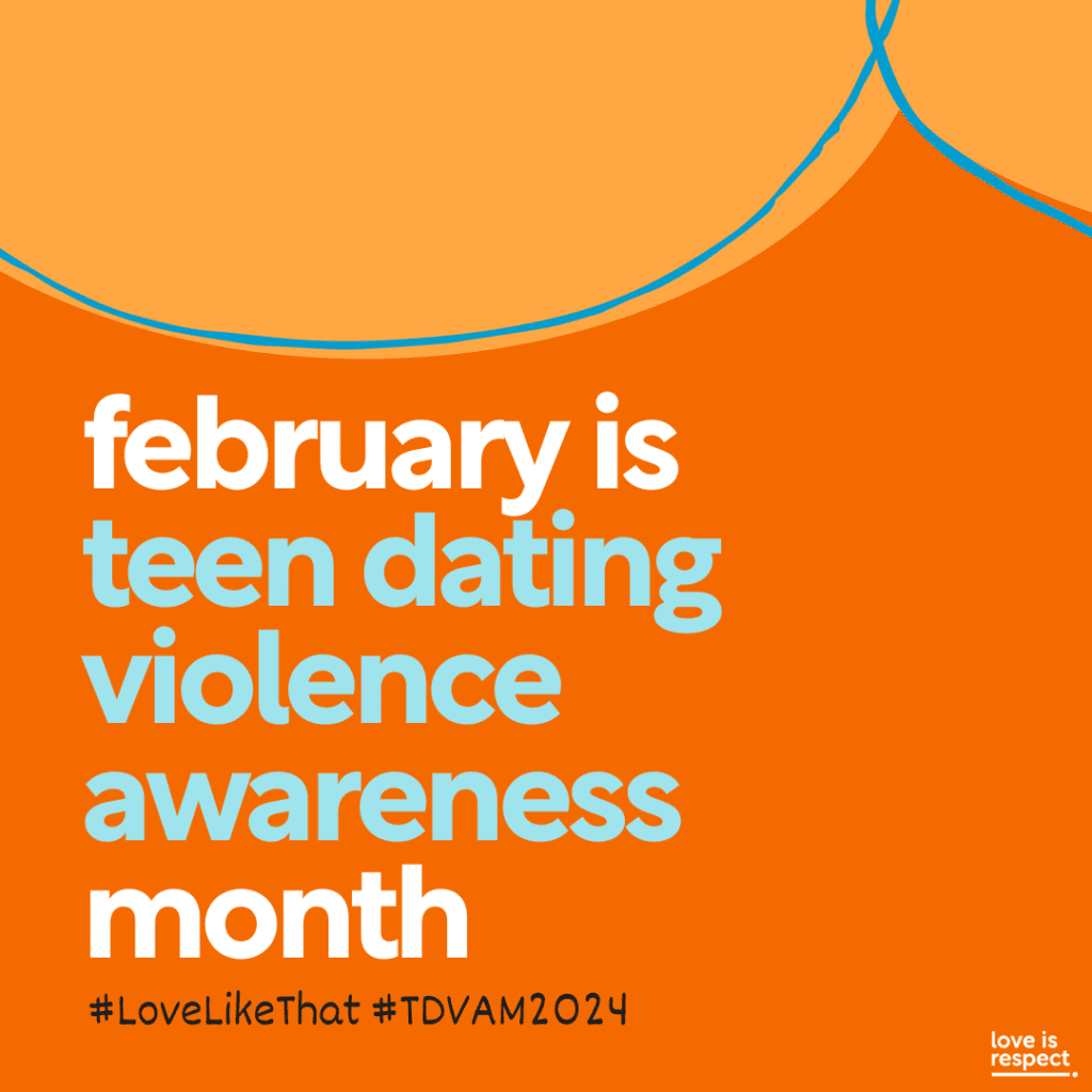 A vibrant orange poster announcing February as Teen Dating Violence Awareness Month. The text is bold and straightforward, designed to capture attention and educate about the significance of the month. Hashtags #LoveLikeThat and #TDVAM2024 promote engagement and awareness through social media channels, fostering community involvement and support in addressing teen dating violence. The choice of a bright color enhances visibility and impact, aligning with the urgency of the campaign.