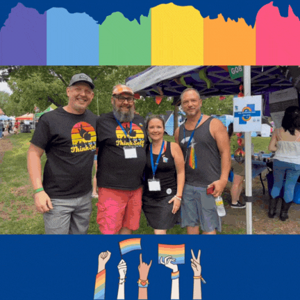 Four individuals standing at a festival booth under a banner of rainbow colors, at a pride event. They are smiling and dressed casually, conveying a friendly atmosphere. The booth features the 'ThinkSelf' logo, suggesting it's an informational or promotional setup. Below, graphic elements depict hands raised with pride-colored wristbands, enhancing the festive mood of the image. At the end, it zooms in to "ASL Interpreters on site!" sign.