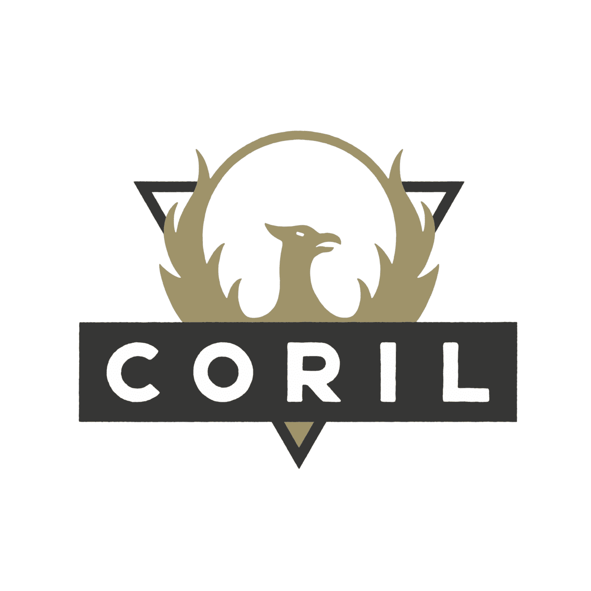 The image shows the logo of CORIL (Central Oregon Research and Innovation Lab). The logo features a stylized phoenix within a circular frame, positioned above the text "CORIL." The color palette includes gold and black, giving the logo a modern and bold appearance.