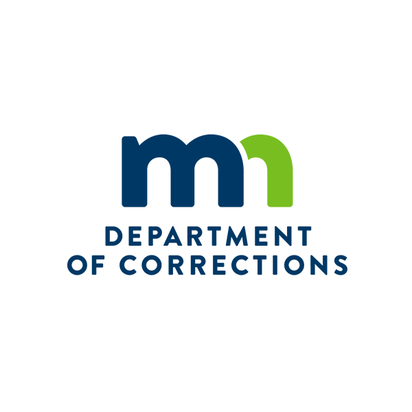 The image shows the logo of the Minnesota Department of Corrections. The logo features the letters "mn" in bold, with the "m" in dark blue and the "n" in green. Below the letters, the text "DEPARTMENT OF CORRECTIONS" is written in all caps in dark blue.